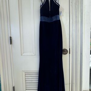 Elegant Navy Velvet Evening Dress - Strappy Waist Detail